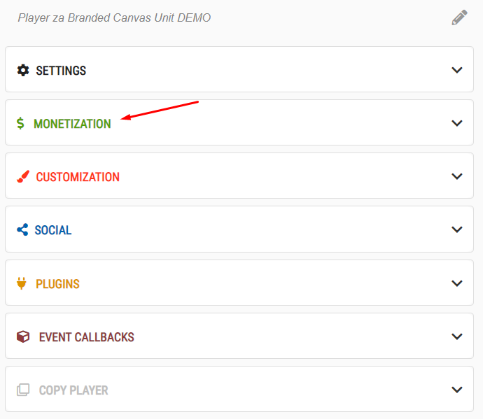 brid.tv cms screenshot "monetization" in player settings