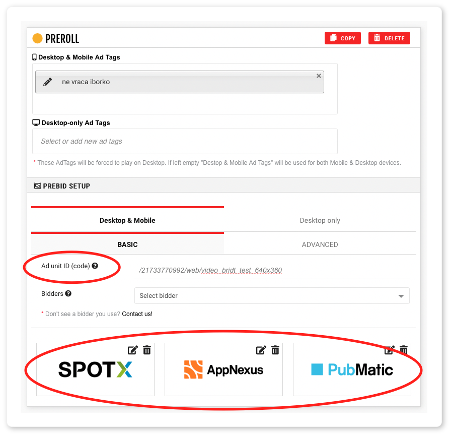 brid.tv cms screenshot of prebid setup templates