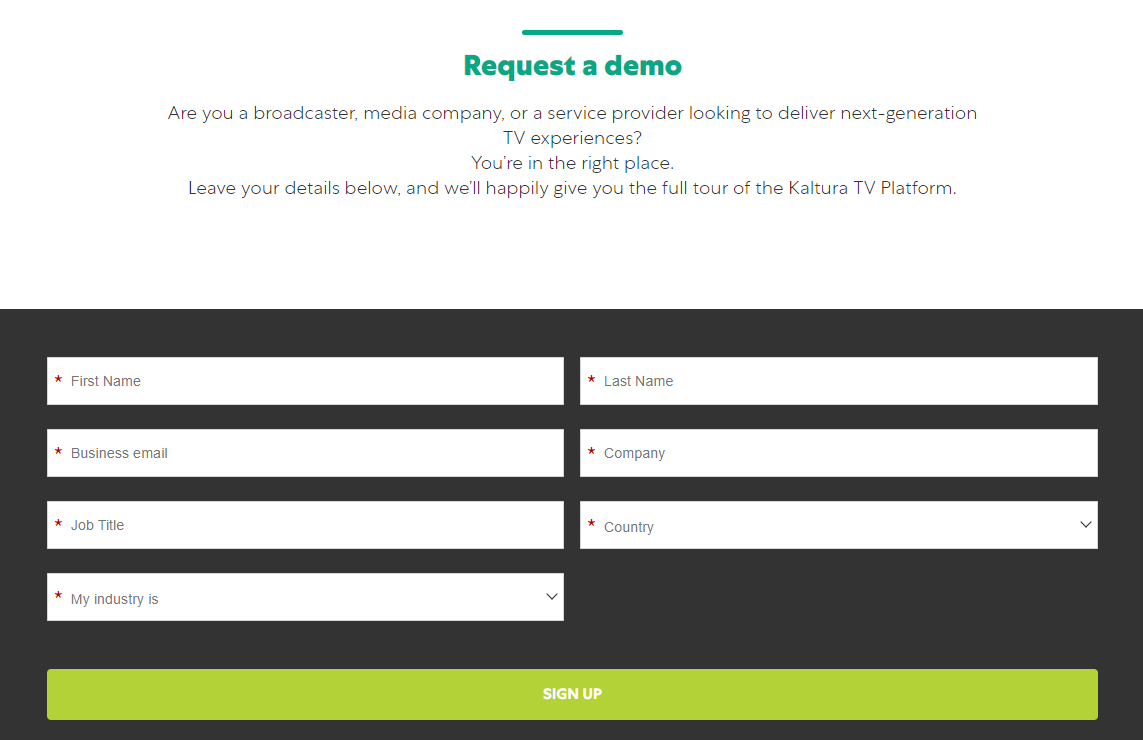 kaltura demo request form screenshot