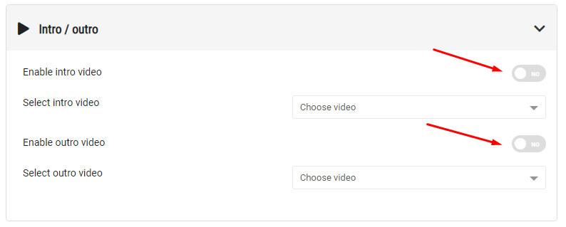 brid.tv cms screenshot of the "intro / outro" section in the website options