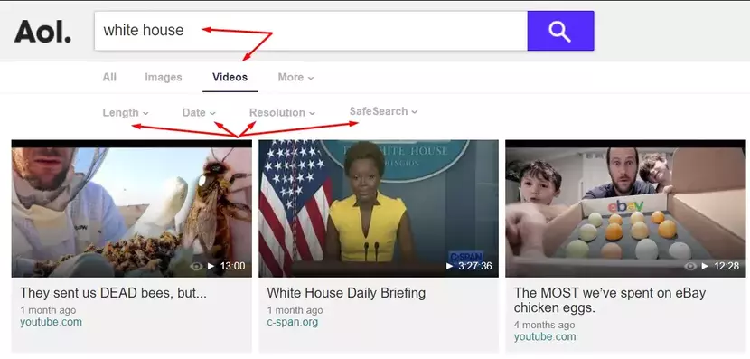 white house search query on aol video search engine and search filters