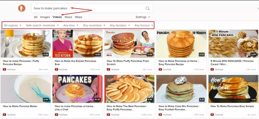 how to make pancakes DuckDuckGo video search engine SERPs and search filters