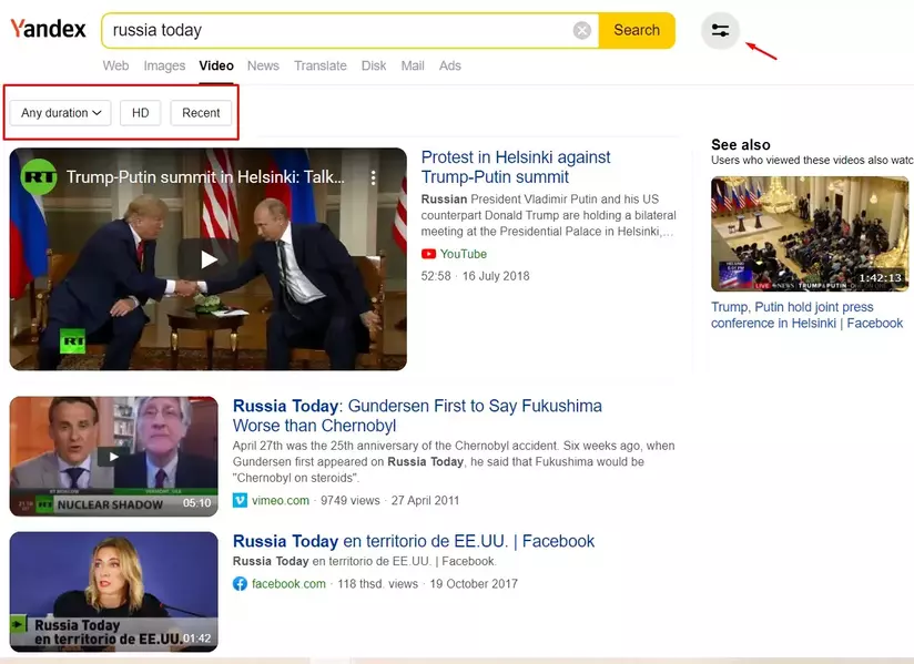russia today video search query on yandex and search filters